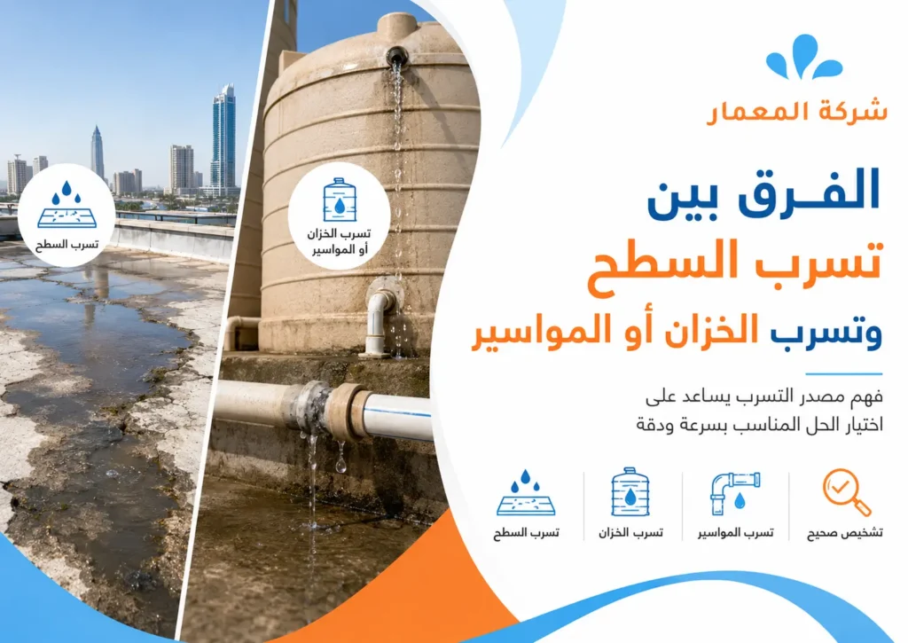 الفرق بين تسرب السطح وتسرب الخزان أو المواسير