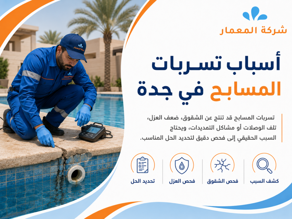 أسباب تسربات المسابح في جدة فحص تسرب غرفة مضخات المسبح بجدة