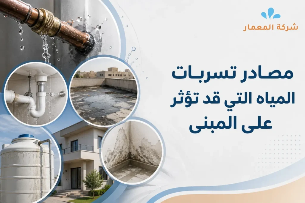 مصادر تسربات المياه التي قد تؤثر على المبنى
